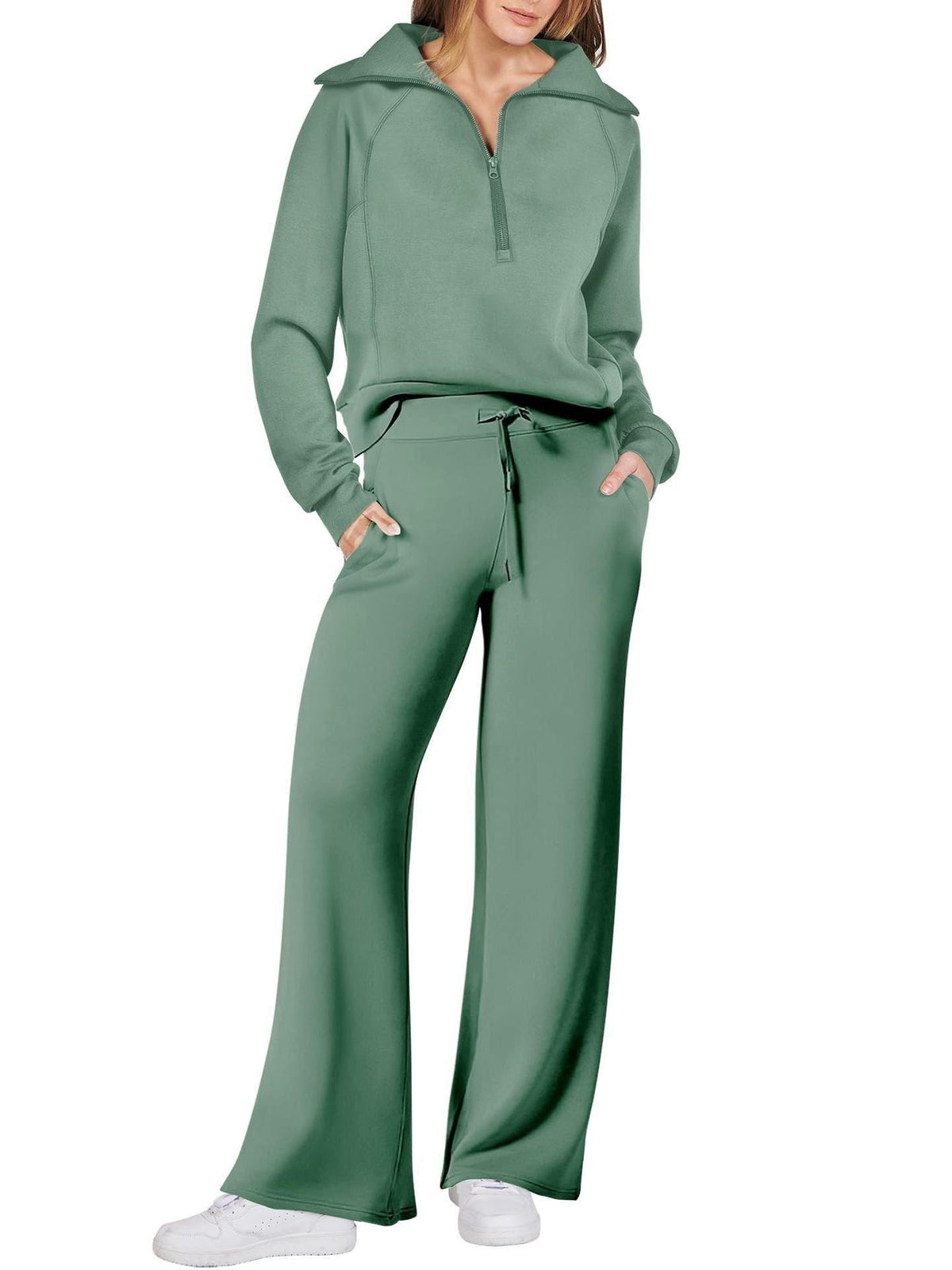 Zip-Up Hoodie Jogging Set with Wide Leg Trousers for Women - Light Green