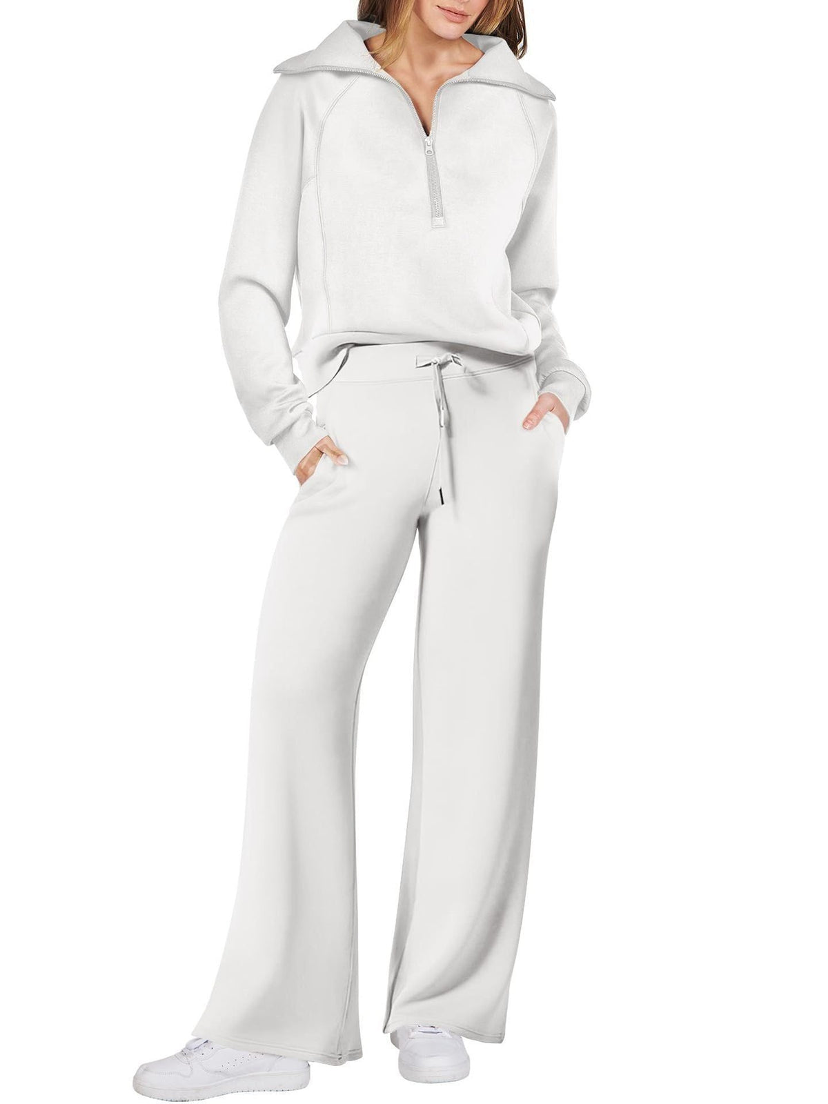 Zip-Up Hoodie Jogging Set with Wide Leg Trousers for Women - White