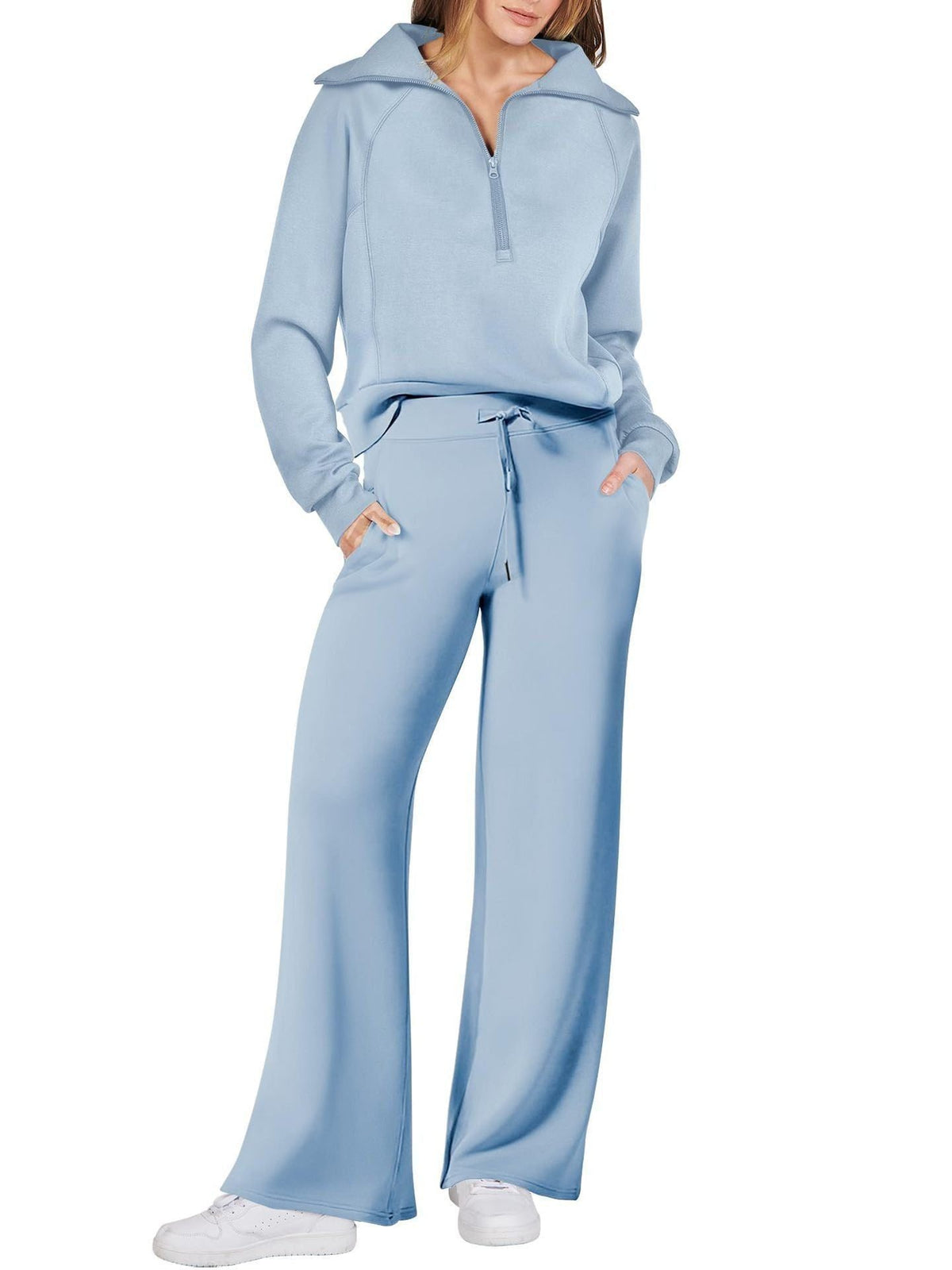 Zip-Up Hoodie Jogging Set with Wide Leg Trousers for Women - Light Blue