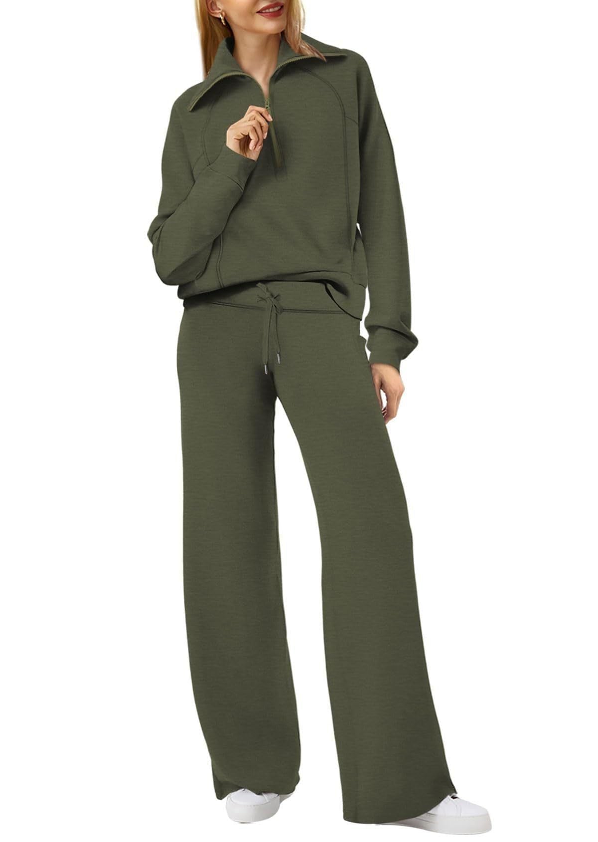 Zip-Up Hoodie Jogging Set with Wide Leg Trousers for Women - Olive Green