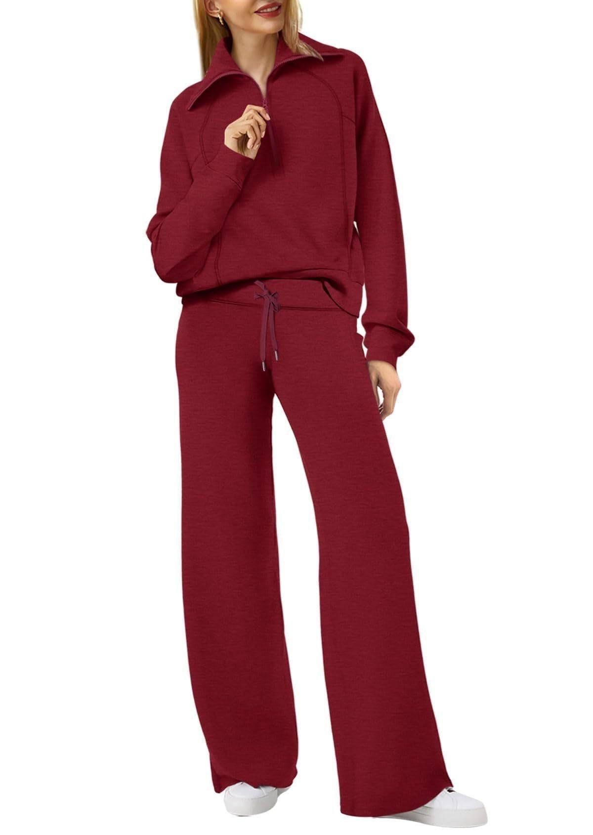 Zip-Up Hoodie Jogging Set with Wide Leg Trousers for Women - Red