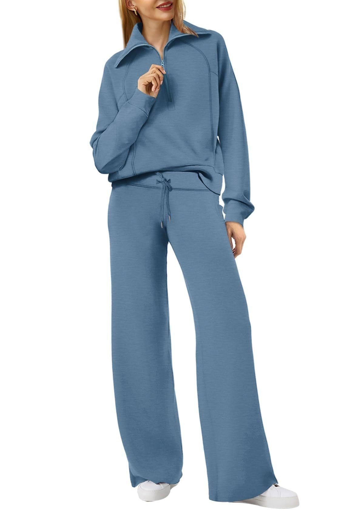 Zip-Up Hoodie Jogging Set with Wide Leg Trousers for Women - Blue