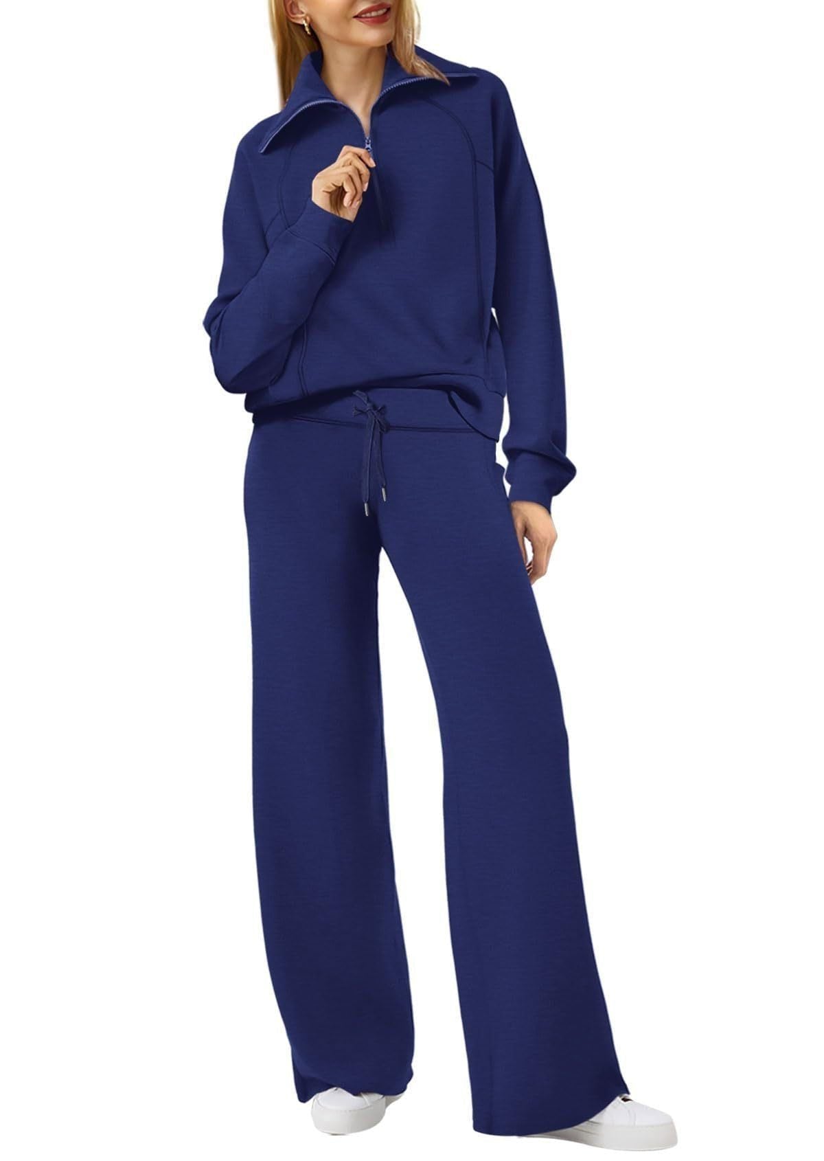 Zip-Up Hoodie Jogging Set with Wide Leg Trousers for Women - Navy
