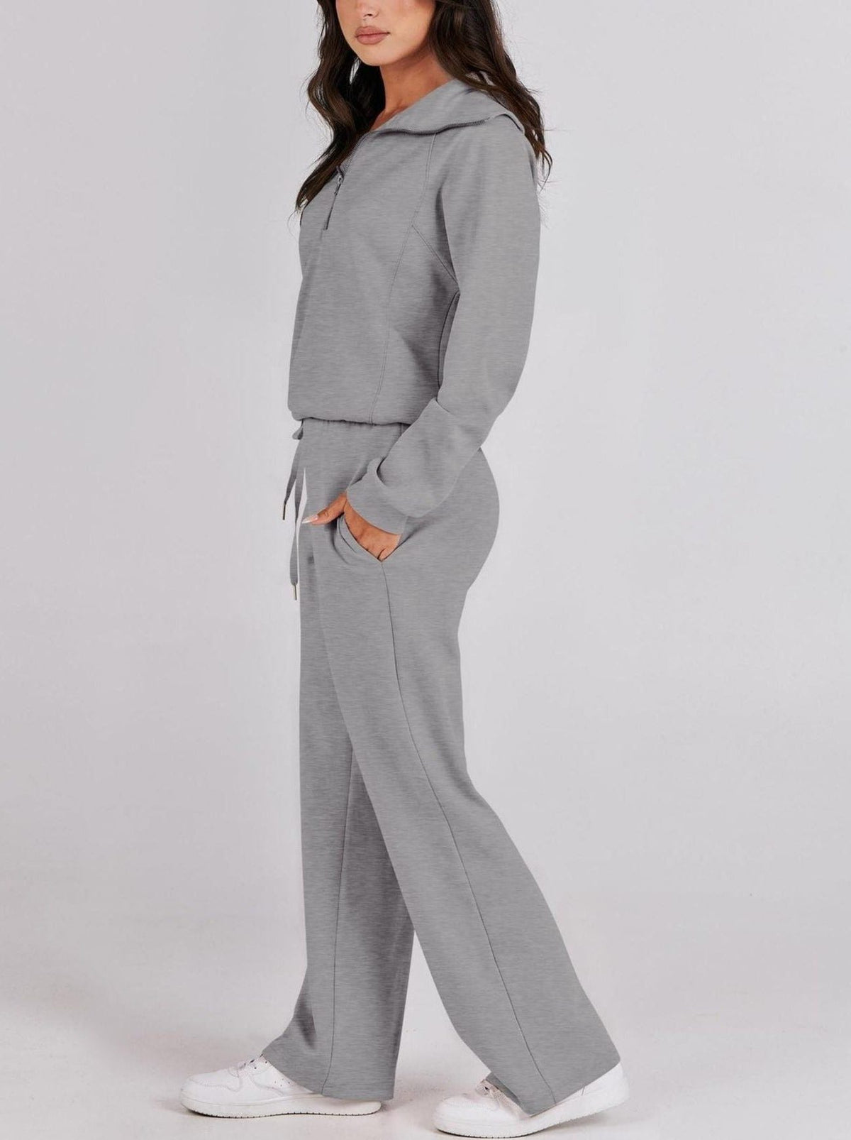 Zip-Up Hoodie Jogging Set with Wide Leg Trousers for Women