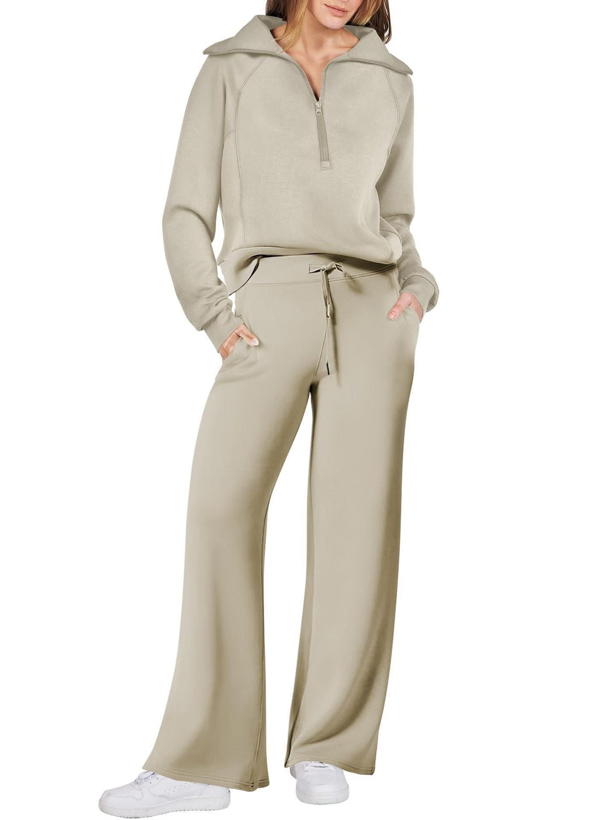 Zip-Up Hoodie Jogging Set with Wide Leg Trousers for Women - View 7