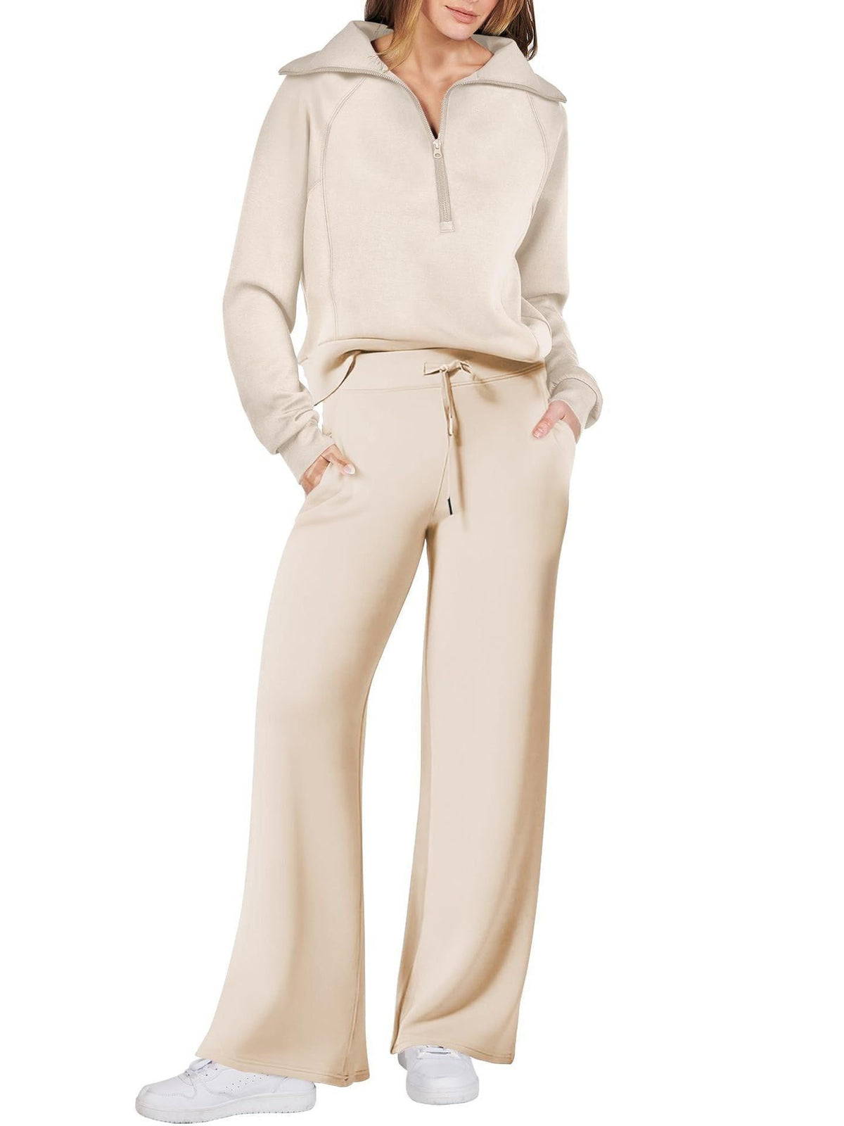 Zip-Up Hoodie Jogging Set with Wide Leg Trousers for Women - Cream
