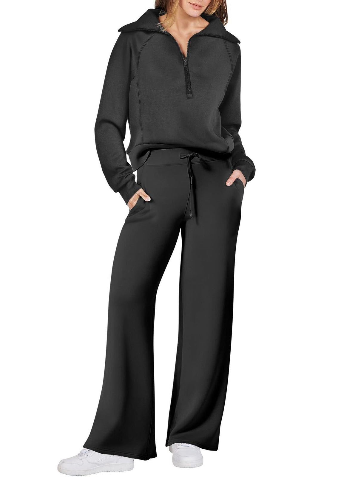 Zip-Up Hoodie Jogging Set with Wide Leg Trousers for Women - Black