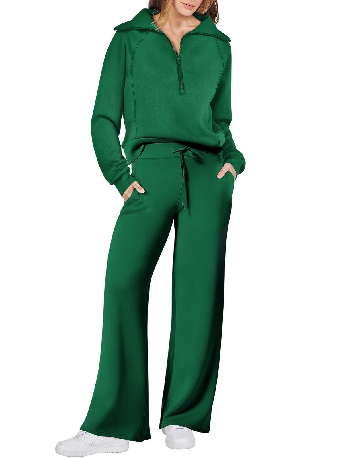 Zip-Up Hoodie Jogging Set with Wide Leg Trousers for Women - Green