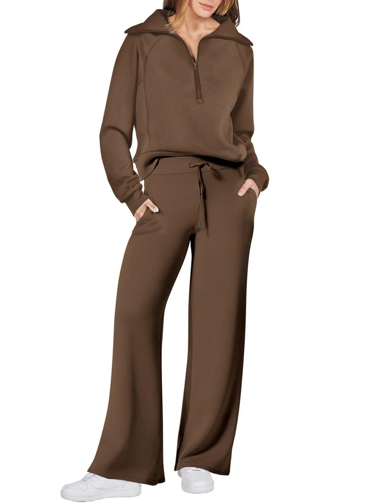 Zip-Up Hoodie Jogging Set with Wide Leg Trousers for Women - Brown