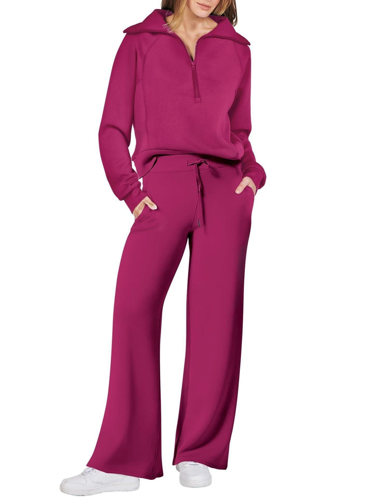 Zip-Up Hoodie Jogging Set with Wide Leg Trousers for Women - Dark Pink