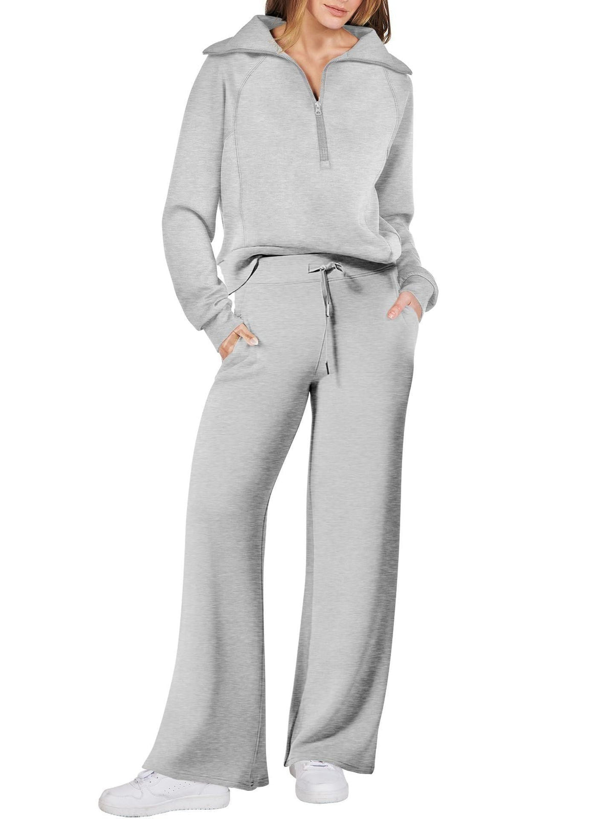 Zip-Up Hoodie Jogging Set with Wide Leg Trousers for Women - Light Grey