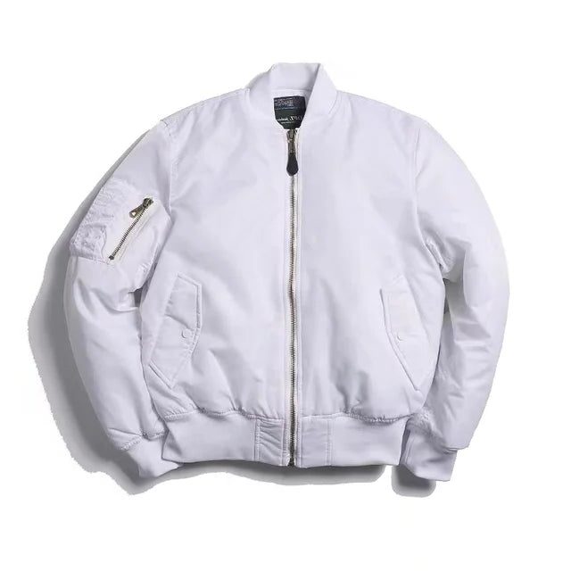 Zip-Up Stand Collar Bomber Jacket for Women - White